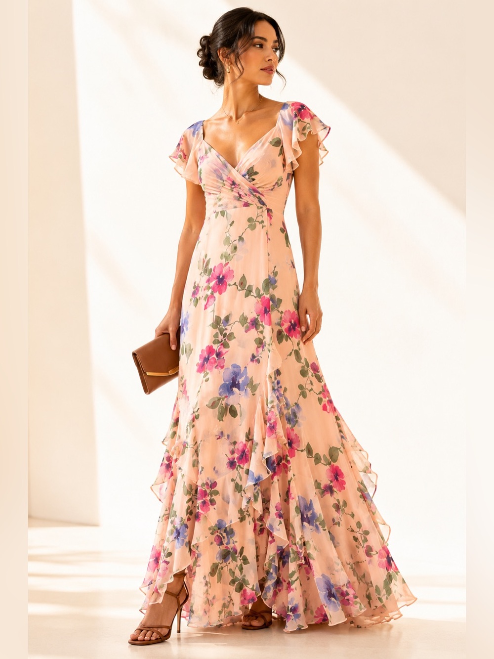 Lauren Ralph Lauren Floral Ruffle Maxi Dress Romantic Formal Occasion Sz 4